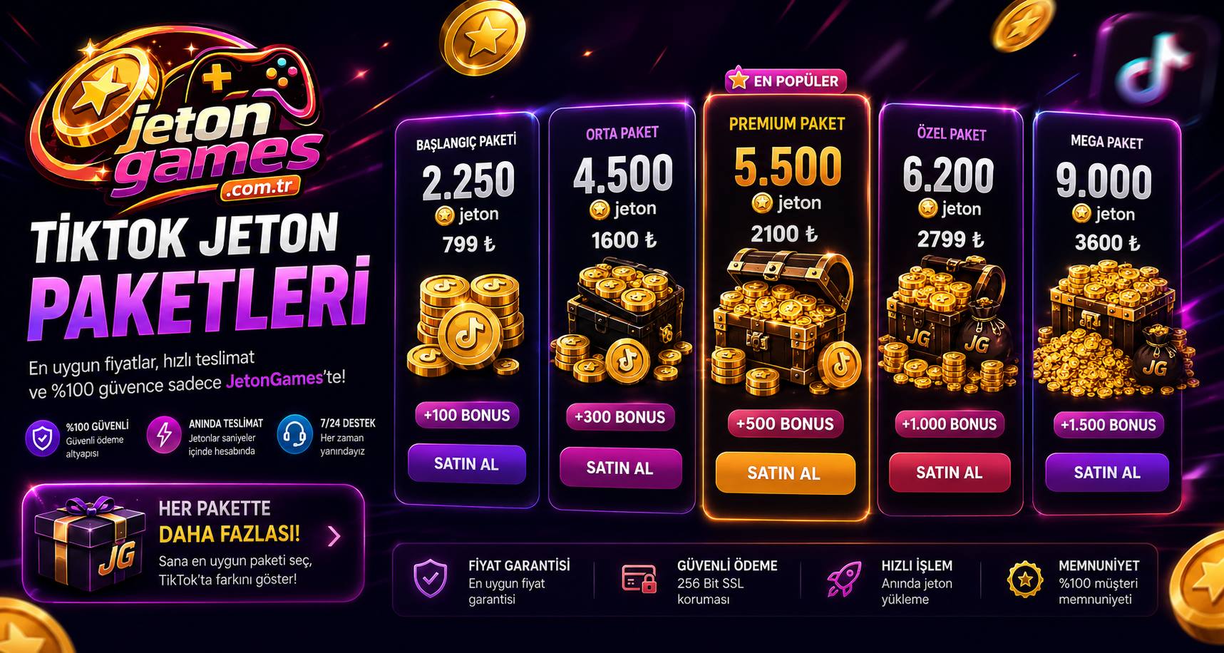 JetonGames TikTok Jeton Paketleri - Başlangıç · Orta · Premium · Özel · Mega Paket